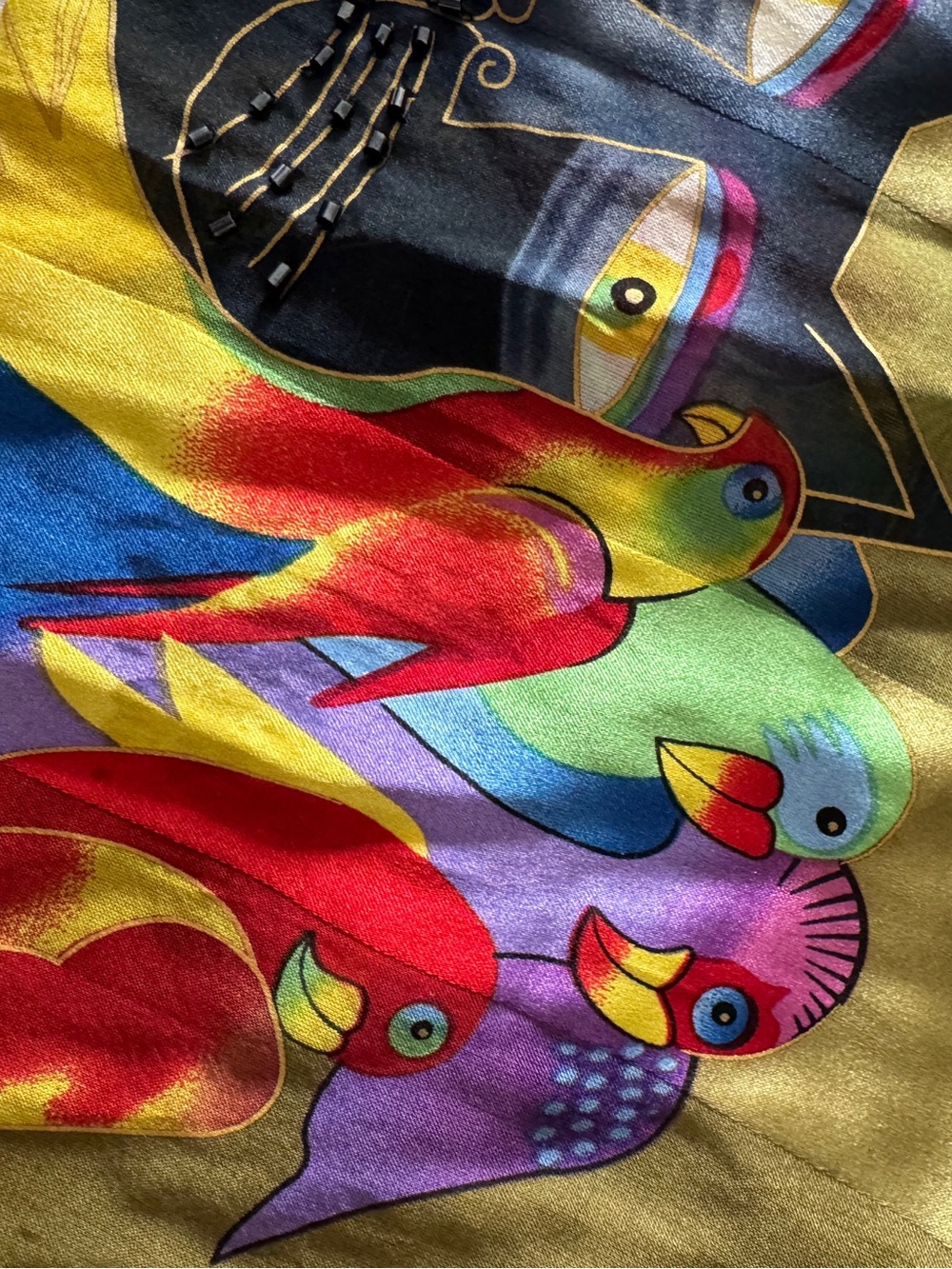 Vintage Laurel Burch Black Cat Parrot Silk Scarf Multicolor Art Wear Collectible - Picture 15 of 16